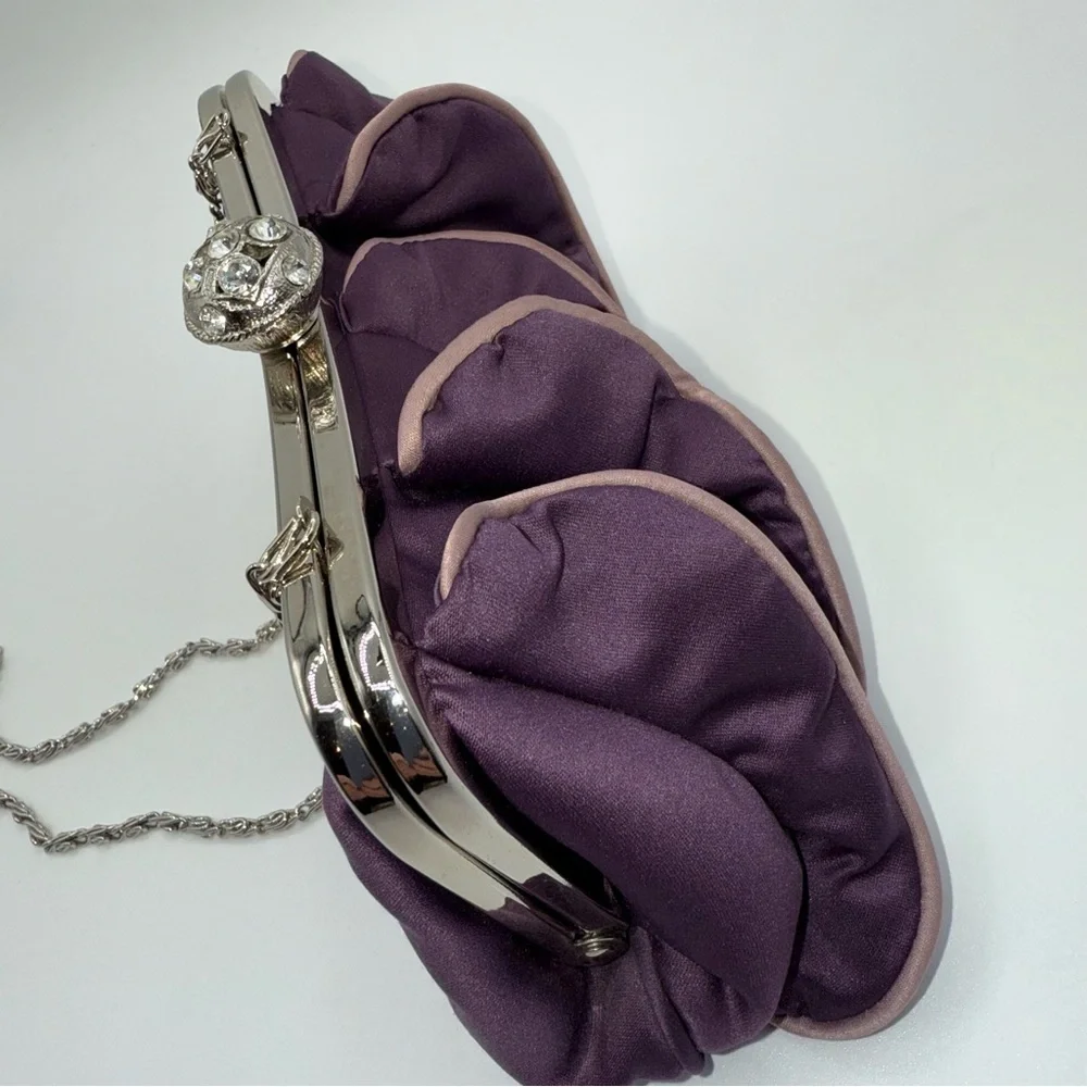 Dollhouse Satin Ruffled Front Jeweled Kiss-Lock Purple Handbag ClutchFormal Prom